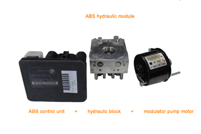 ABS hydraulic module consisting of ABS control unit, hydraulic block and modulator pump motor